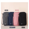 A collection of five RFID-blocking passport holders in gray, dark blue, pink, and black, displayed on a light surface.