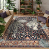 A dark blue and beige area rug featuring a detailed jungle tiger print on a light wood floor.