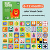 A set of black and white high-contrast baby visual cards for 6 to 12 months, featuring various colorful objects and shapes.