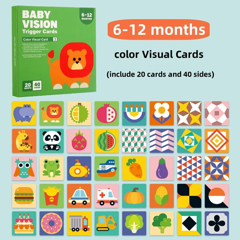 A set of black and white high-contrast baby visual cards for 6 to 12 months, featuring various colorful objects and shapes.