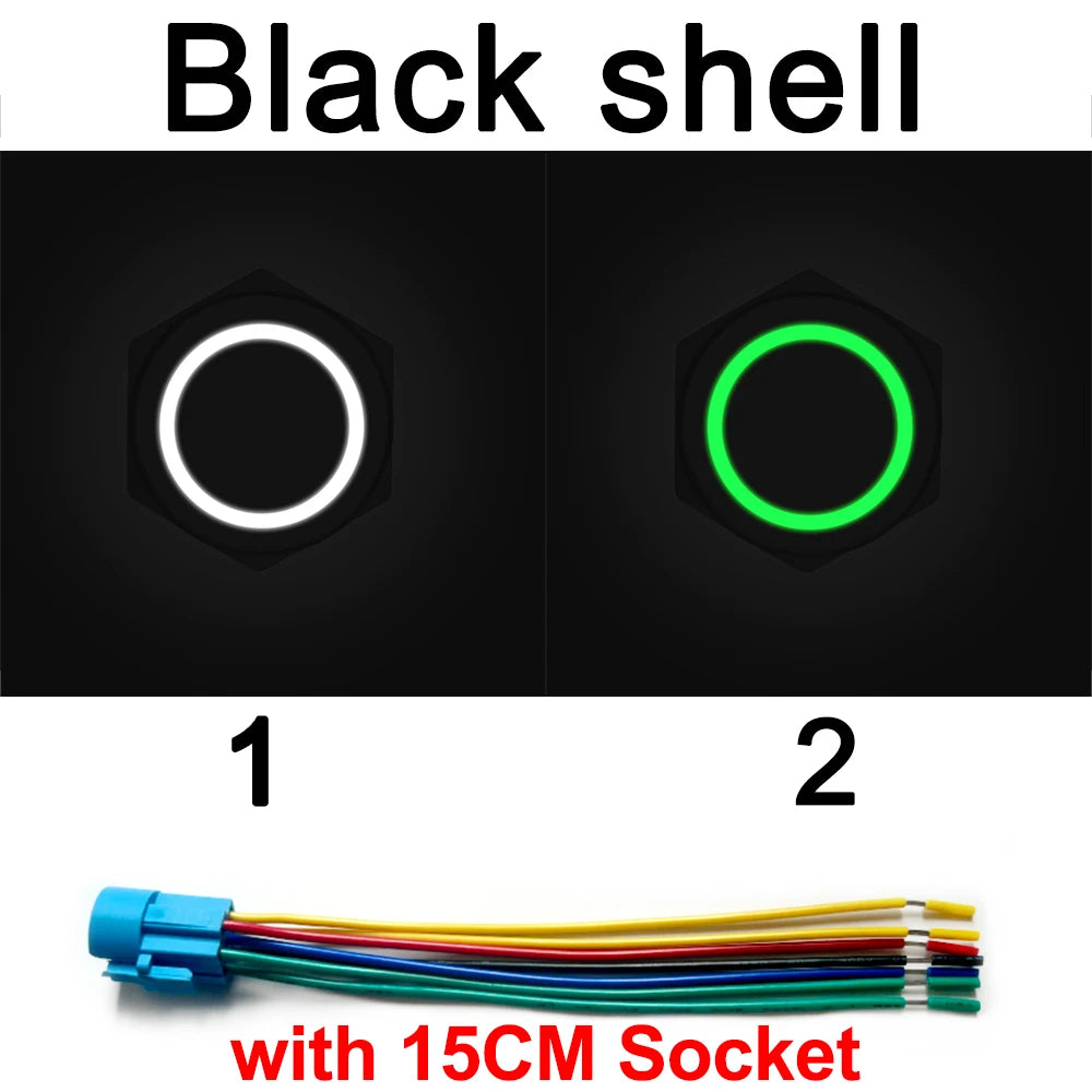 Zwei schwarze LED-Tasterschalter, beschriftet 1 und 2, mit einer 15 cm Buchse.