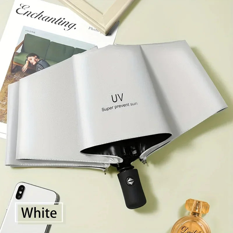 A white automatic compact umbrella is shown open, resting on a light green surface.