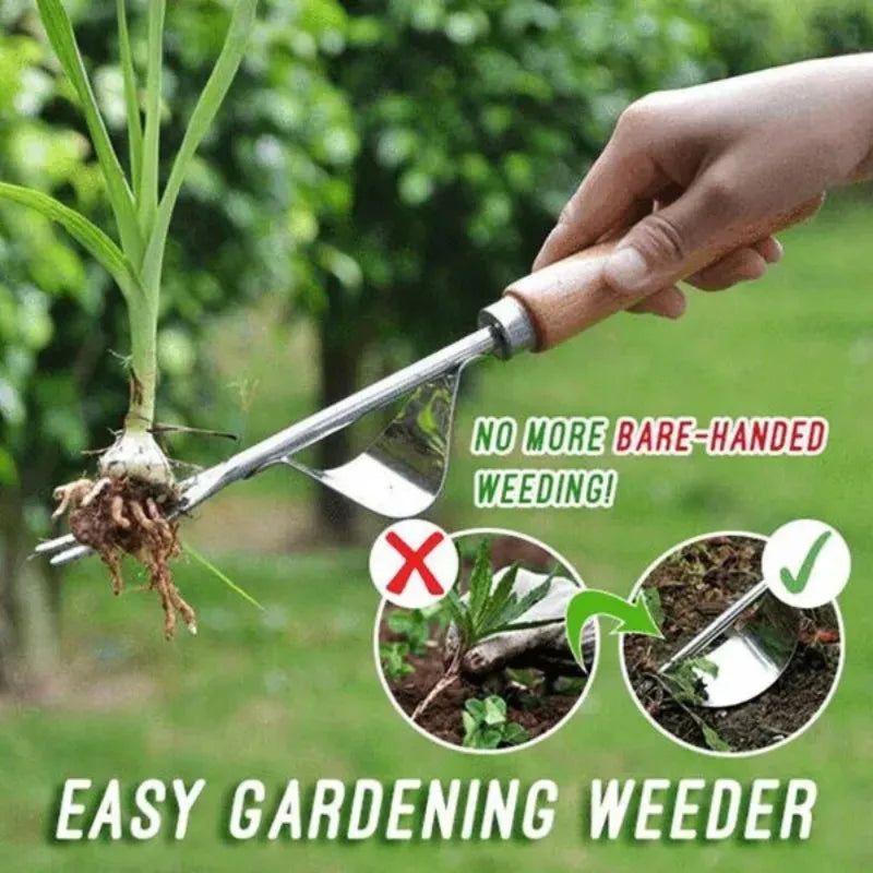 A hand holds a stainless steel garden weeder with a wooden handle, demonstrating an easy gardening tool.