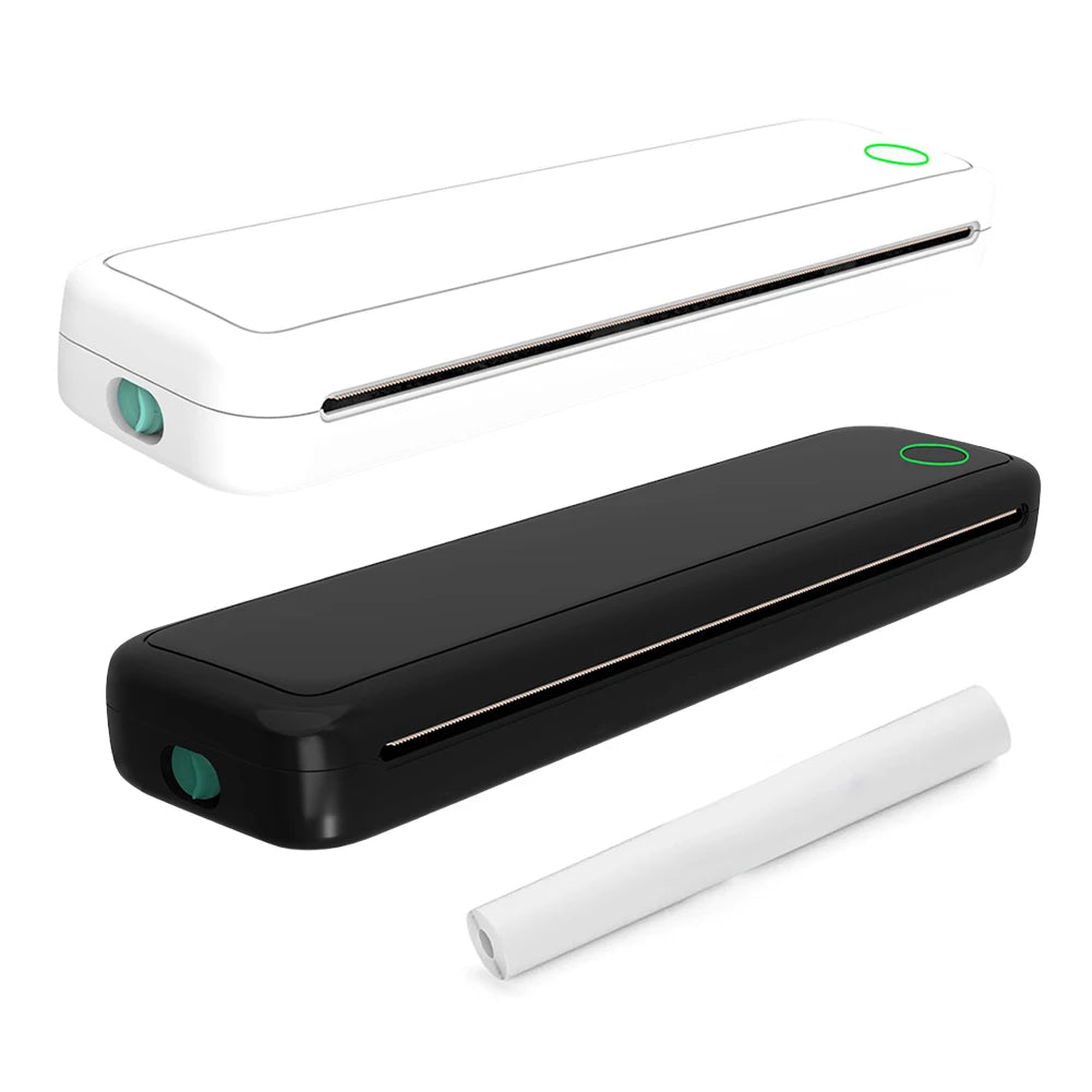 A portable A4 thermal printer shown in white and black, with a white roll of paper.