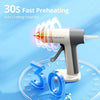 A white cordless hot glue gun with a glowing nozzle is shown next to a blue circular timer displaying 30 seconds for fast pre