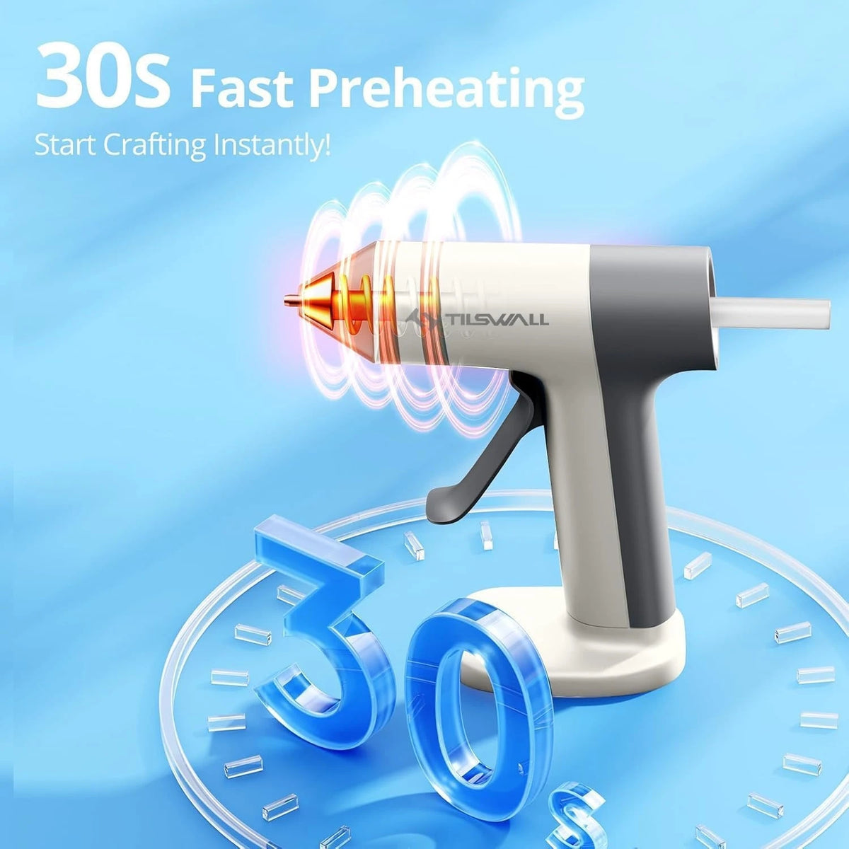 A white cordless hot glue gun with a glowing nozzle is shown next to a blue circular timer displaying 30 seconds for fast pre