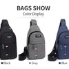 Three fanny packs in black, grey, and blue colors displayed for a bags show.