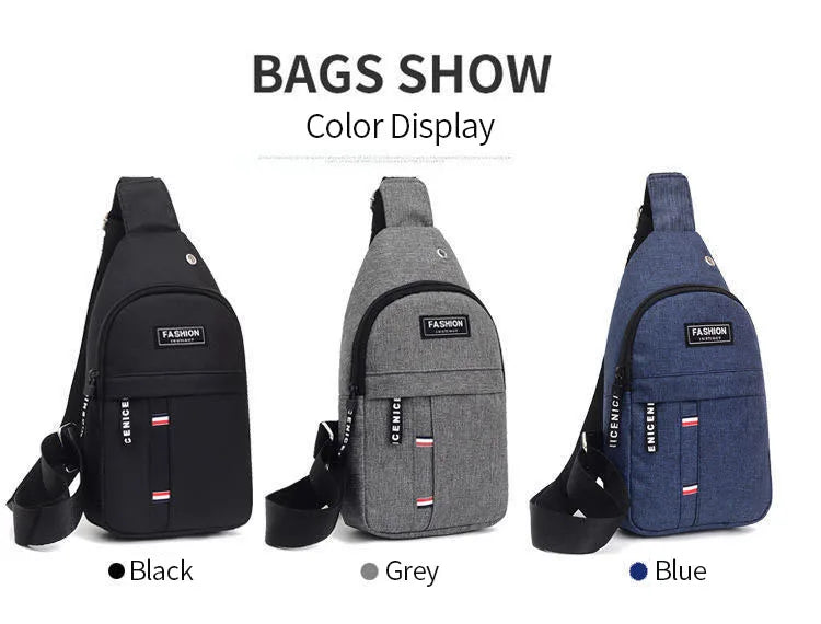 Three fanny packs in black, grey, and blue colors displayed for a bags show.