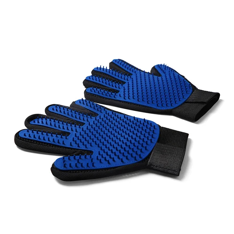 A pair of blue silicone pet grooming gloves for cats and dogs shown against a white background.