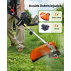 A 4-in-1 gas-powered hedge trimmer with an orange blade and protective gear including a shield and gloves.