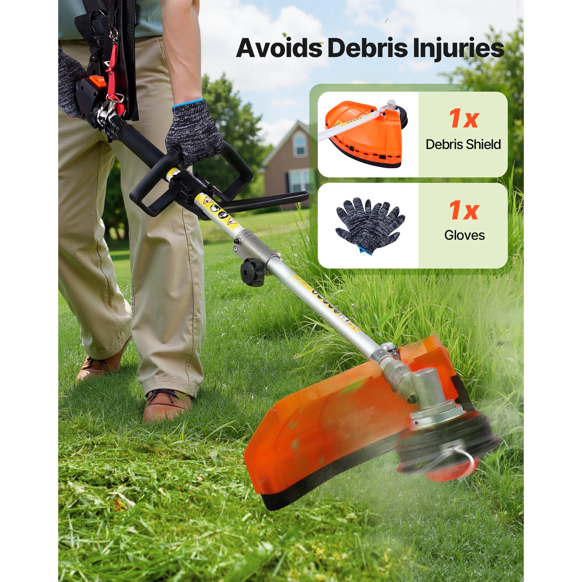 A 4-in-1 gas-powered hedge trimmer with an orange blade and protective gear including a shield and gloves.