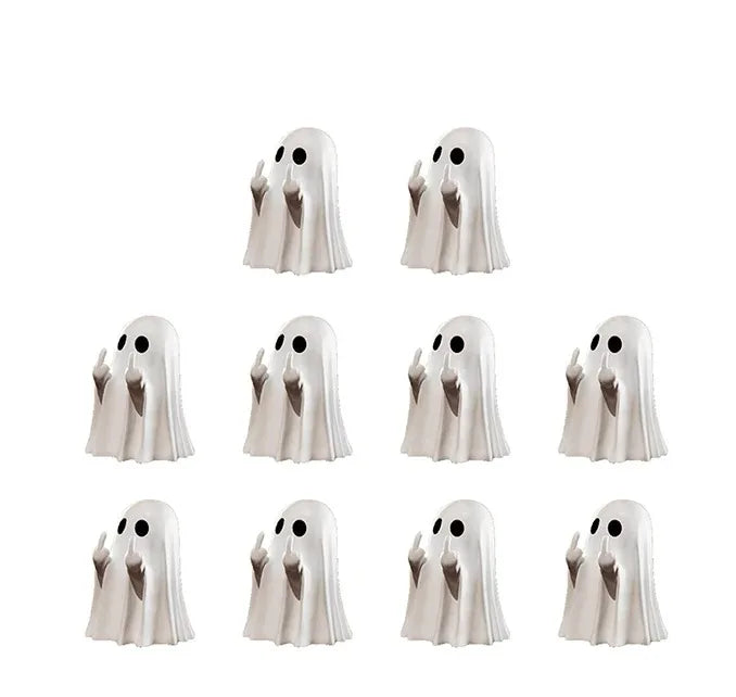 A set of nine white resin ghost statues with middle fingers for Halloween decor