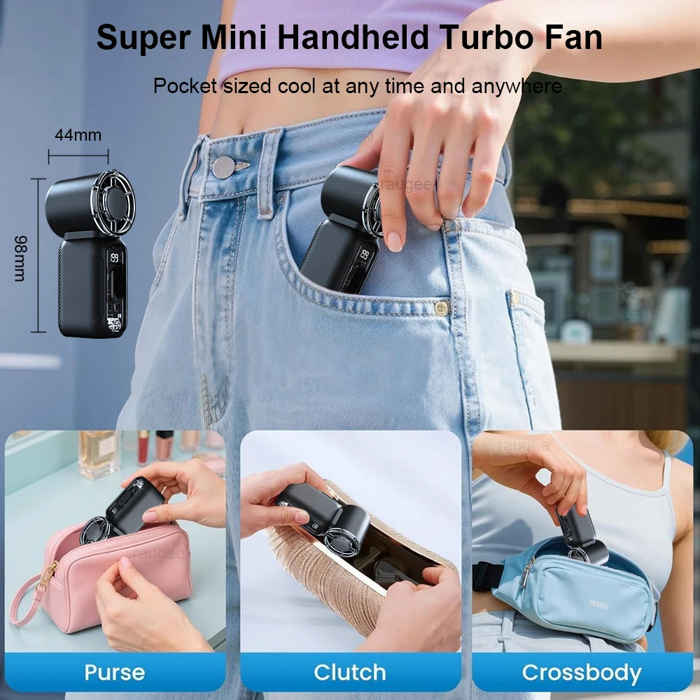 A super mini handheld turbo fan is shown being held in a pocket and used as a purse, clutch, or crossbody bag.