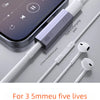 A white USB-C to 3.5mm audio adapter is shown connected to a smartphone and featuring two white earphones.