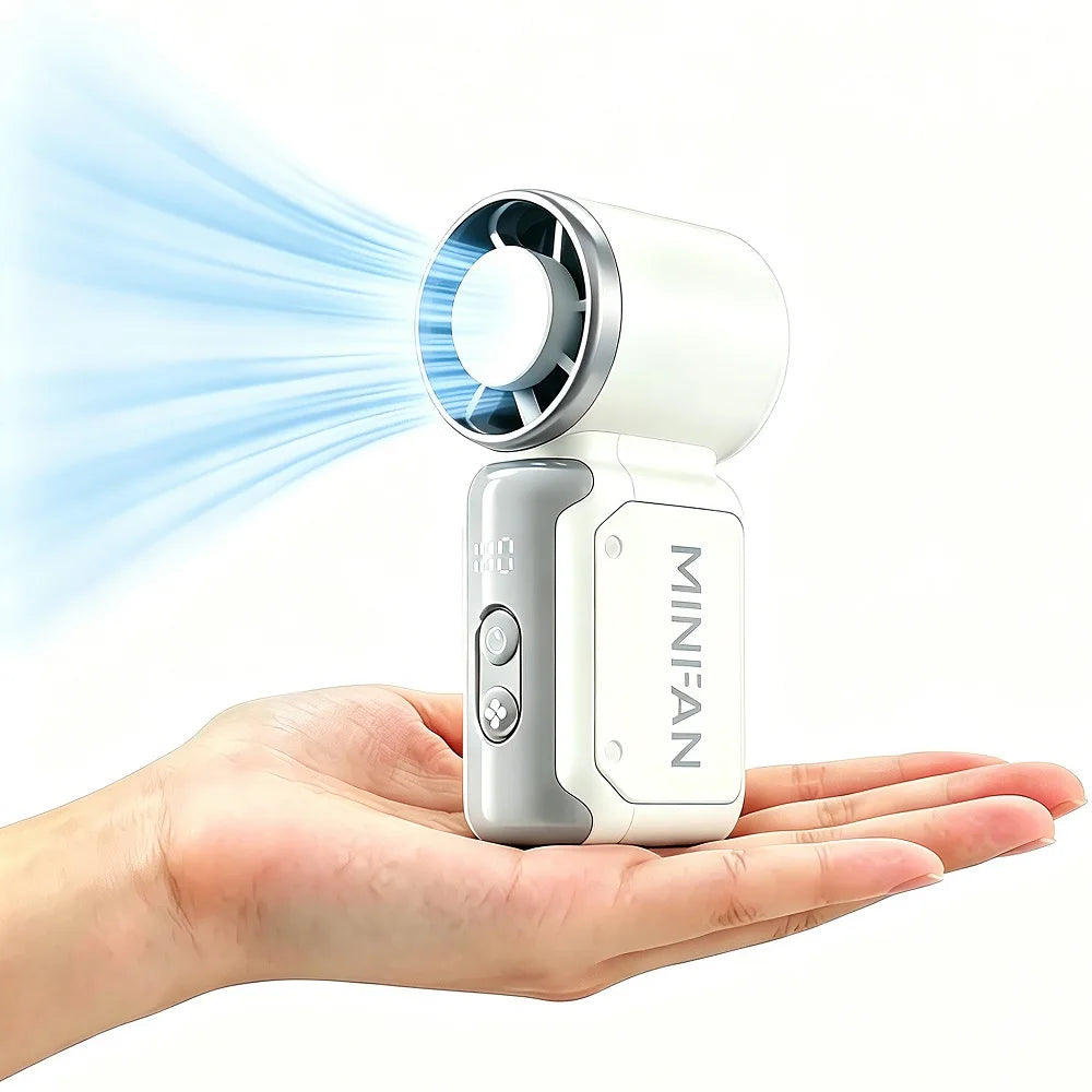 Eine Hand hält einen tragbaren Mini-Turboventilator mit LED-Anzeige, der eine blaue Luftströmung zeigt.