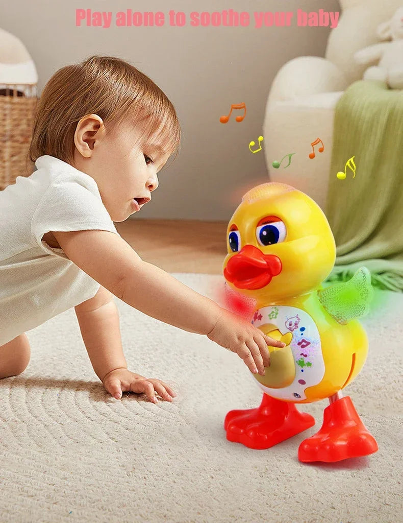 A baby is interacting with a yellow, interactive dancing duck toy that emits lights and music on a light-colored rug.