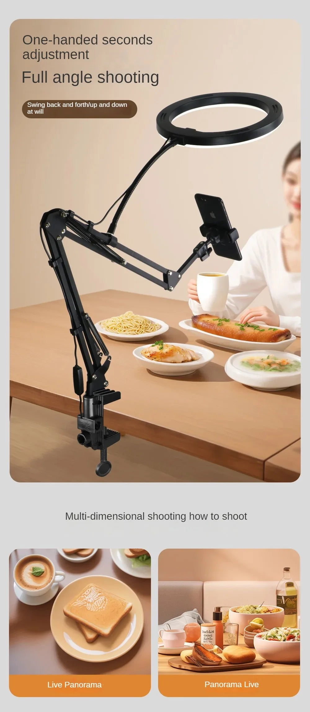A black adjustable phone stand with an overhead light is positioned above a table with food and drinks, demonstrating multi-d