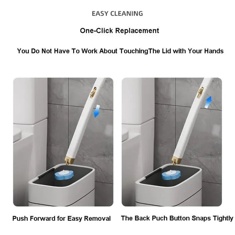 Disposable toilet cleaning brush showing one-click replacement mechanism for easy lid cleaning