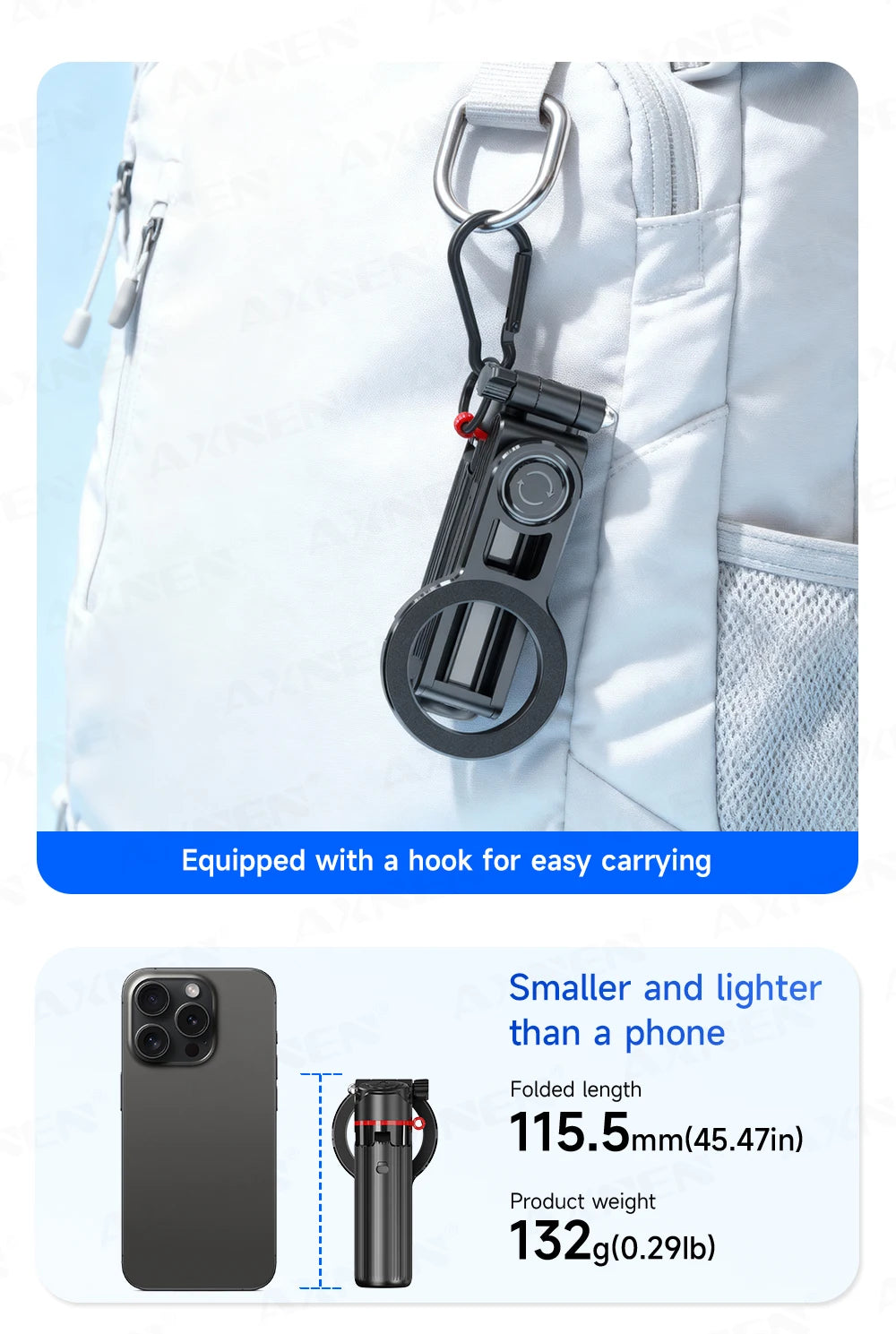 A magnetic selfie stick tripod with a fill light is shown attached to a white bag for easy carrying.