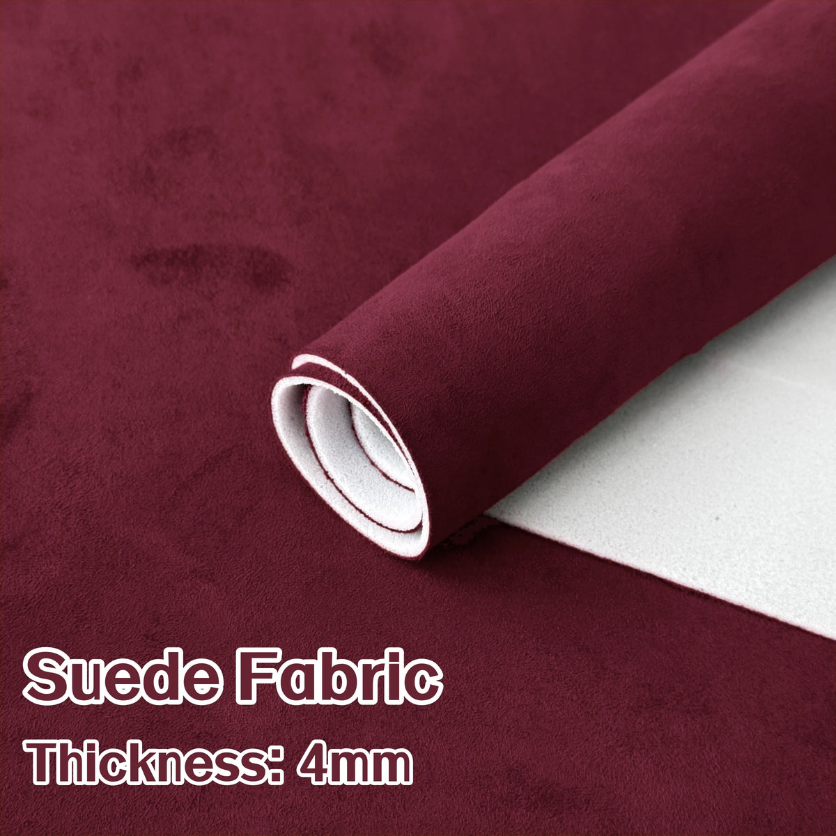 Roll of deep burgundy suede fabric with a white edge showing the thickness of 4mm