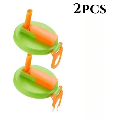Two reusable silicone can lids with straws for beverages, shown in green and orange.