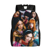 A black canvas daypack backpack featuring a collage of diverse female faces.