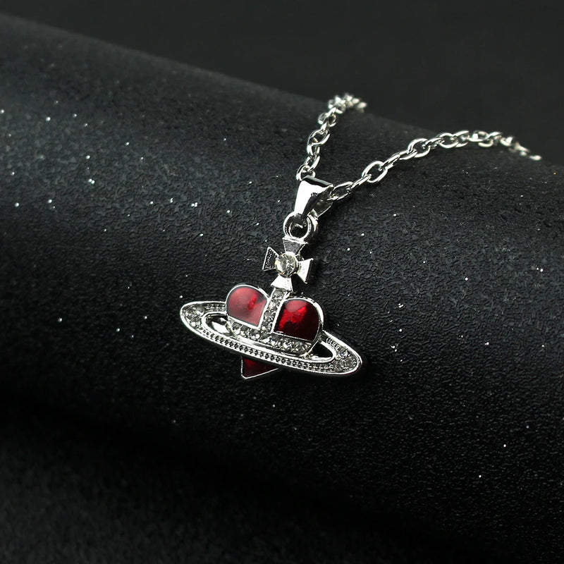 Rhinestone Heart & Saturn Pendant Jewelry Set