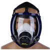 A full face respirator mask with a clear visor and white filter is shown on a mannequin head.