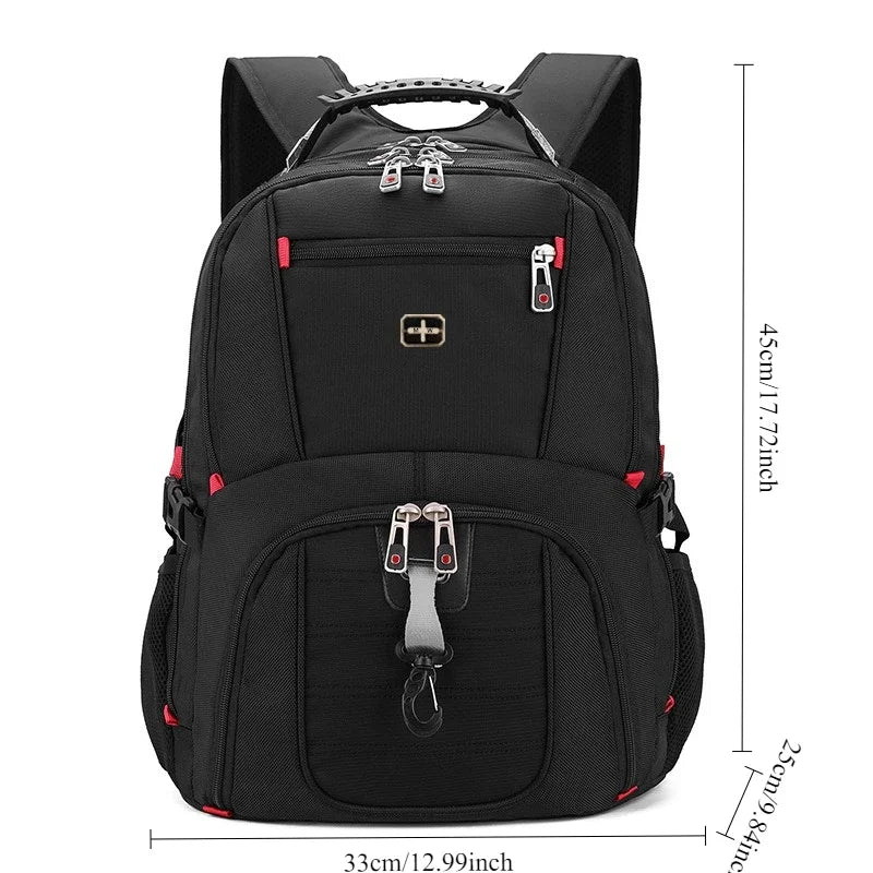 Black waterproof laptop backpack featuring a USB charging port and adjustable straps.