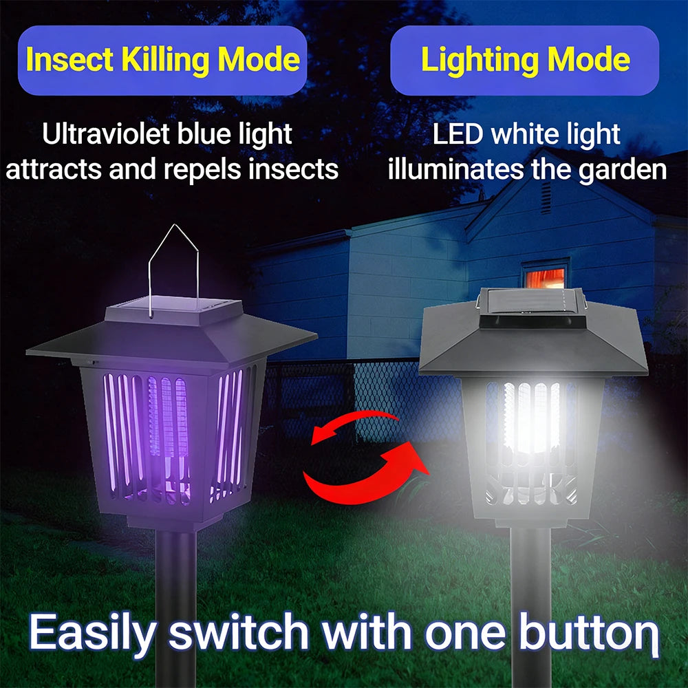 A dual-mode outdoor light fixture showing insect killing and lighting functions.