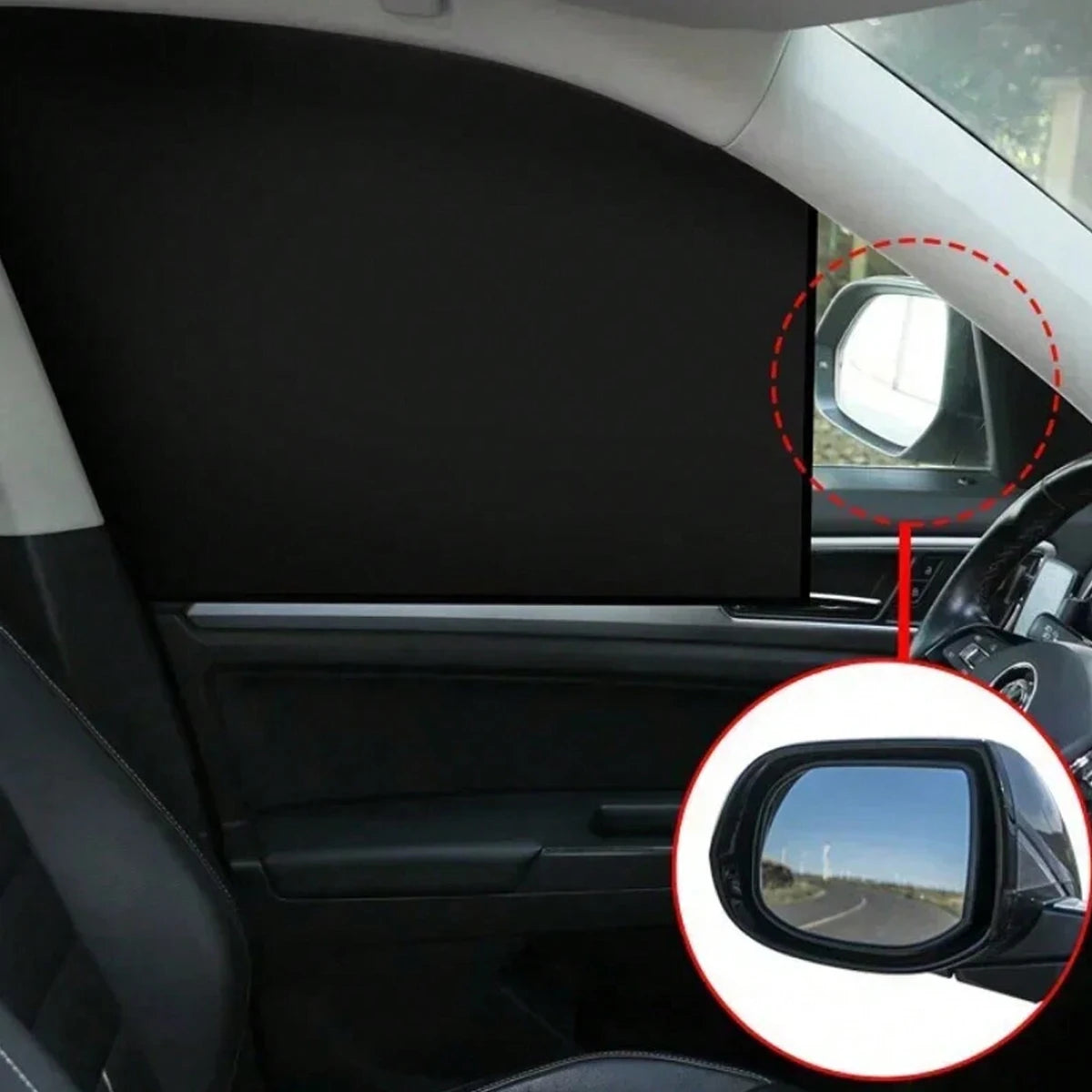 Magnetic car window sunshades with UV protection installed in a vehicle interior.