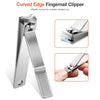 A silver curved edge fingernail clipper is shown with close-up views of its design and use.