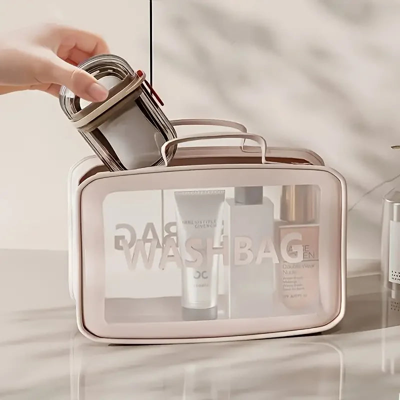 A hand is opening a portable travel soap box with a drainage lid, revealing various skincare products inside.