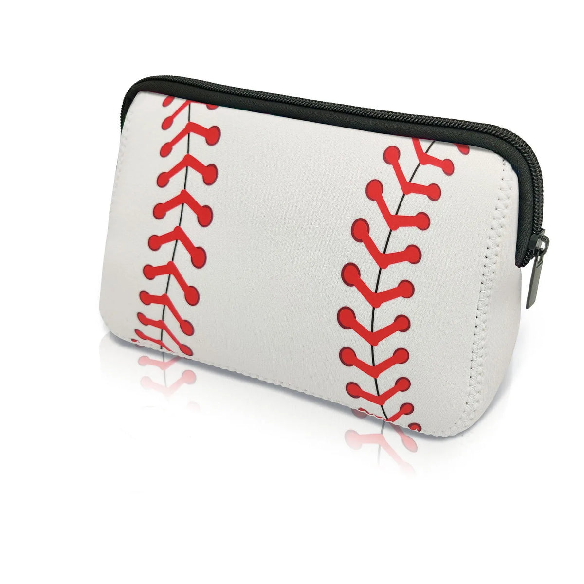White cosmetic bag with red stitching pattern and a black zipper.