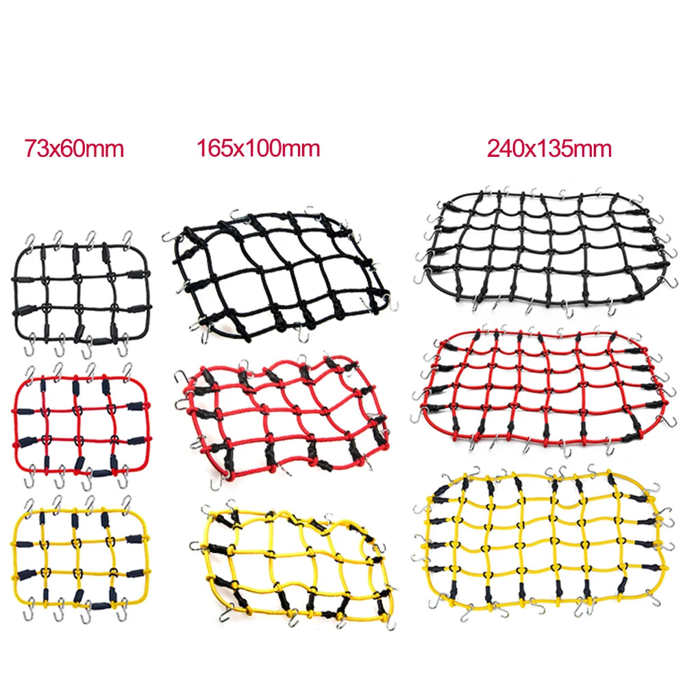 A set of elastic roof rack luggage nets in various colors and sizes for RC crawlers