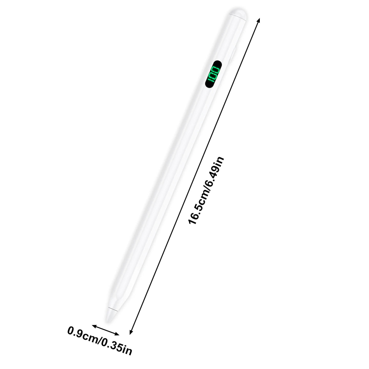A white precision stylus pen with a black tip and tilt support feature shown in a vertical view.