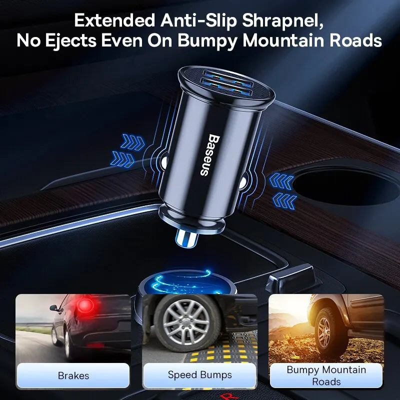A black anti-slip shrapnel device is shown being used in a car context with various road conditions displayed below.