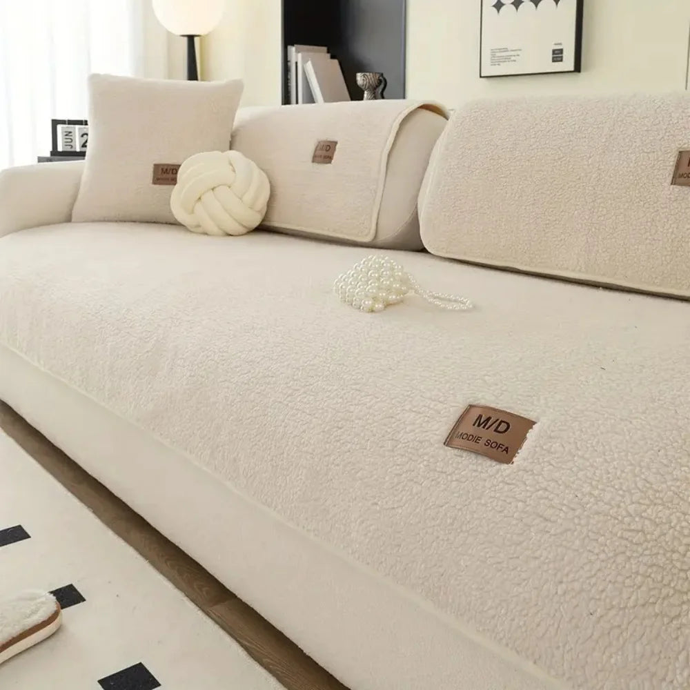 Housse de canapé sherpa crème avec des coussins beiges clairs et des accents de fil décoratifs dans un salon.