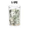 A clear acrylic piggy bank filled with various US currency bills and coins.