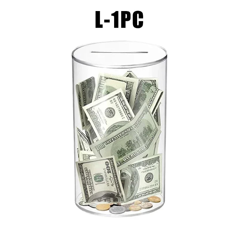 A clear acrylic piggy bank filled with various US currency bills and coins.