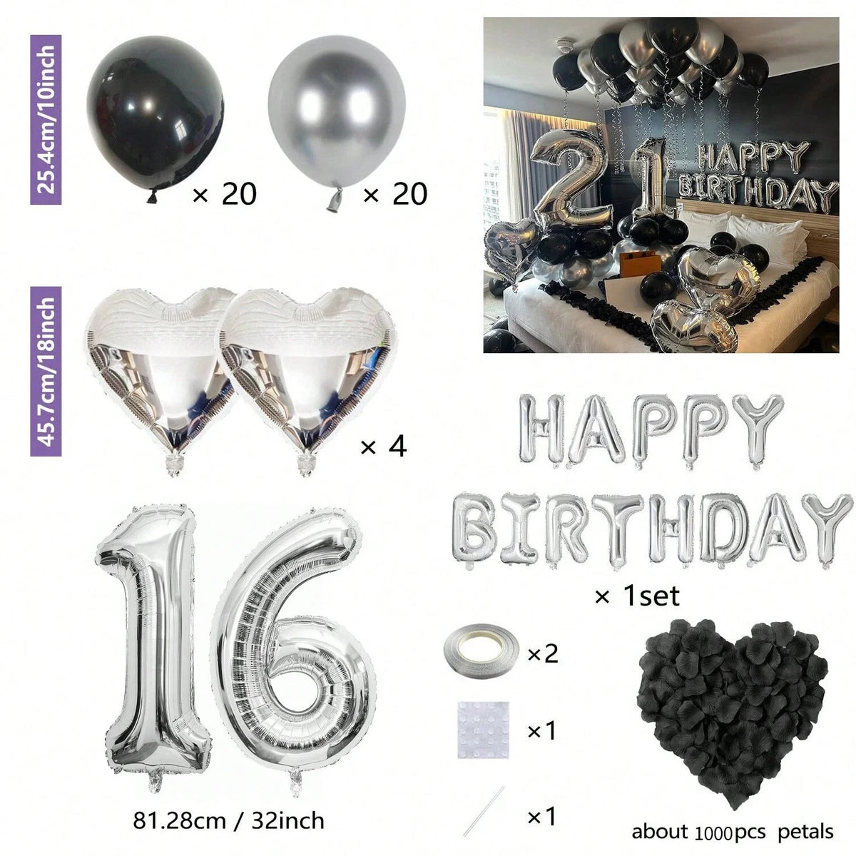 Set mit Partyballons in Silber und Schwarz, herzförmigen Folienballons und Zahlenballons