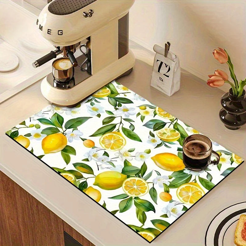 A rectangular mat featuring a pattern of lemons, leaves, and white flowers for kitchen or laundry use.