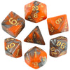 A set of seven polyhedral dice in orange and black marbled colors shown from various angles.