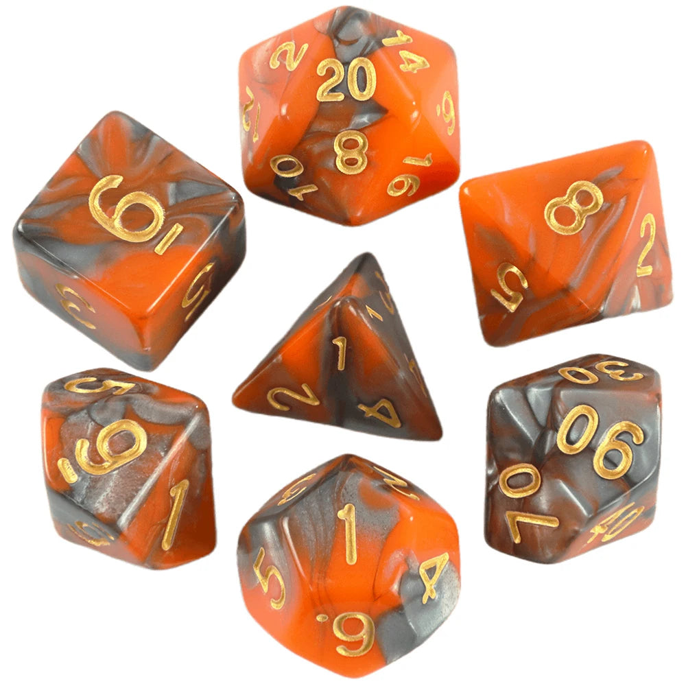 A set of seven polyhedral dice in orange and black marbled colors shown from various angles.