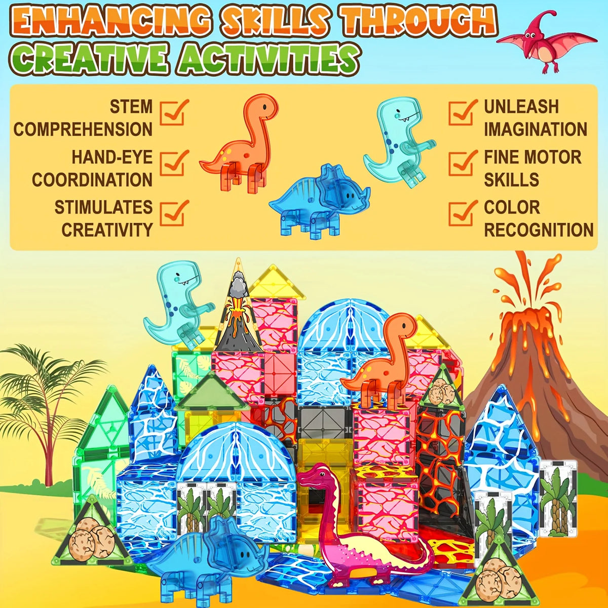 Magnetic Dinosaur Volcano Building Blocks Set