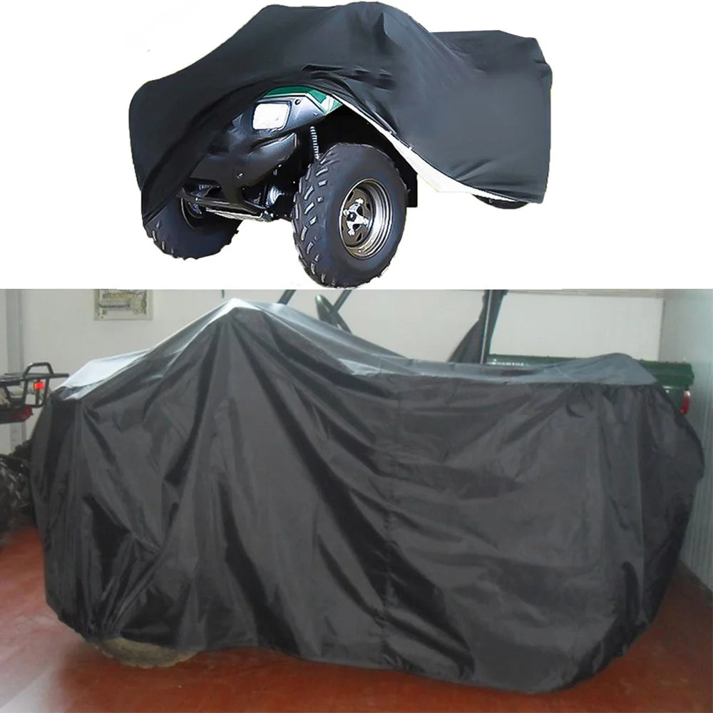 A black heavy duty storage cover is placed over an ATV quad bike.