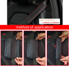 Three steps showing the application of a PU leather embossed seat belt shoulder cushion on a car seat.