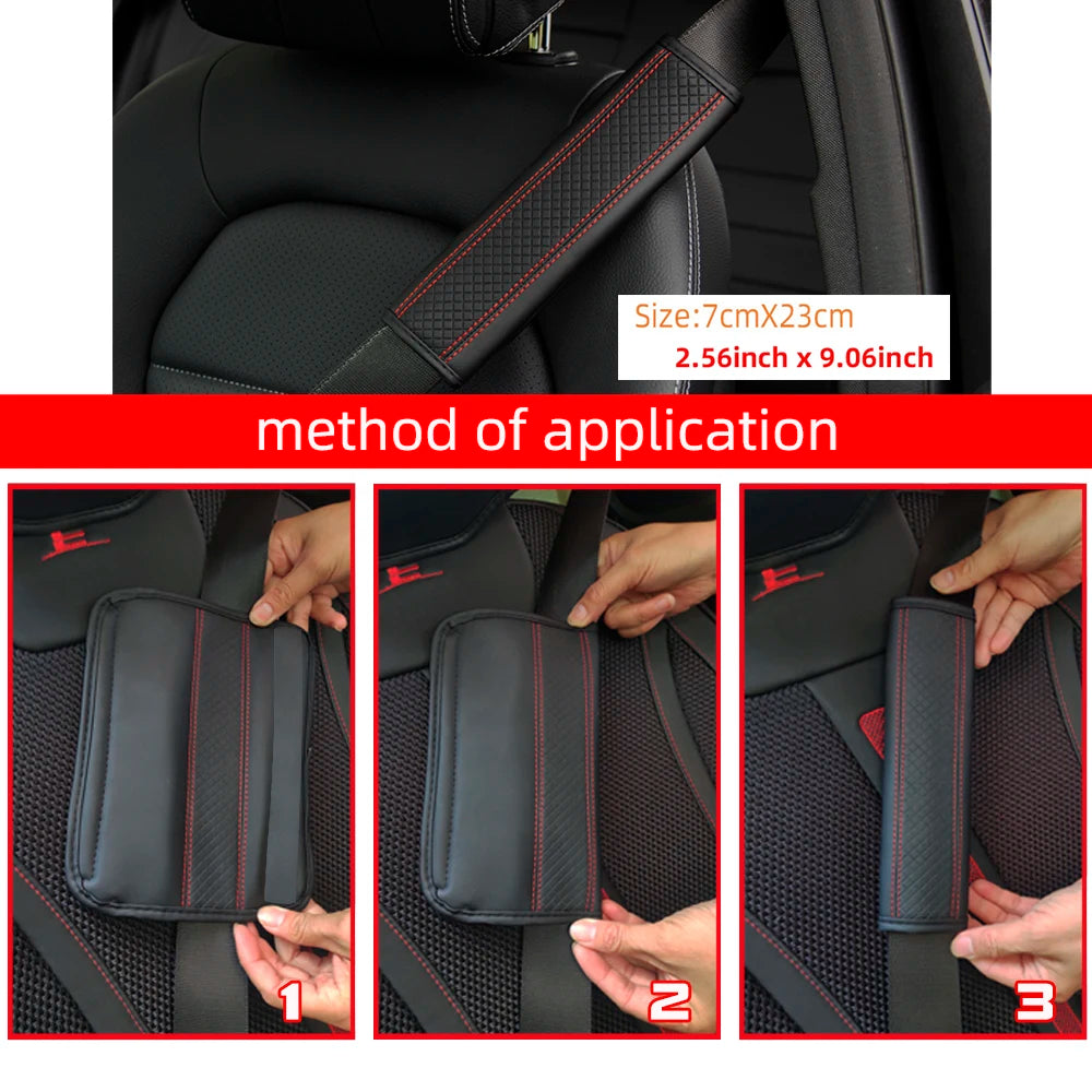 Three steps showing the application of a PU leather embossed seat belt shoulder cushion on a car seat.