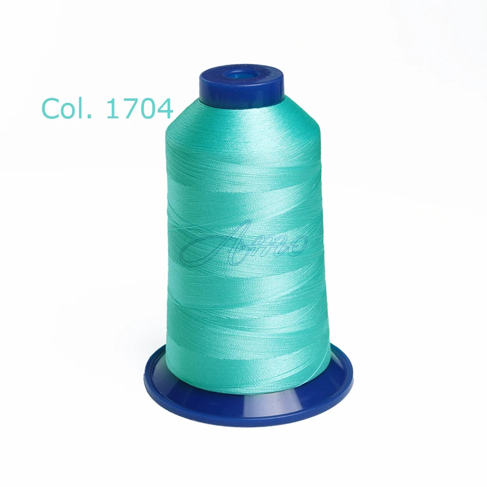 A spool of teal polyester embroidery thread labeled Col. 1704 with a blue base.