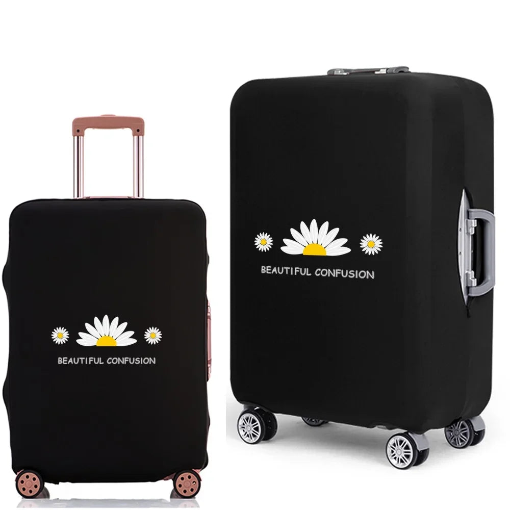 Black elastic suitcase protective cover with a white daisy print design